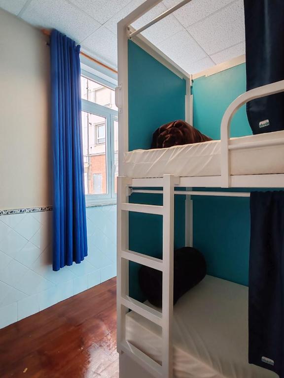 a bunk bed in a room with blue walls at Albergue A Ponte Ribadeo in Ribadeo
