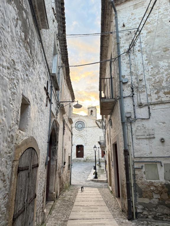 an alley in an old town with a cat walking down it at Ad un Passo dal Duomo in Bovino