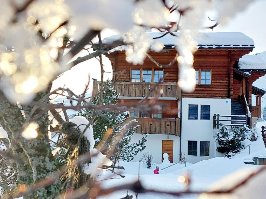 a log cabin in the snow with snow covered trees at Apartment Aspa EG by Interhome in Bellwald