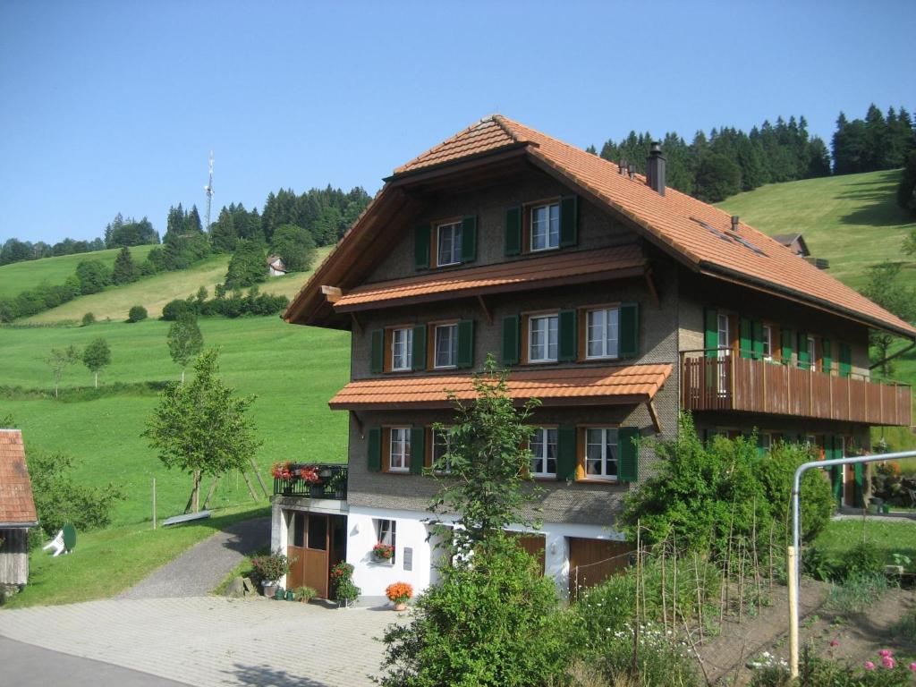 a house with a brown roof on a green hill at Apartment Gmünde by Interhome in Schüpfheim