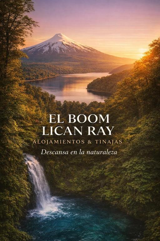 a painting of a mountain and a river with a waterfall at El Boom Lican Ray - Alojamientos & Tinajas in Licán Ray