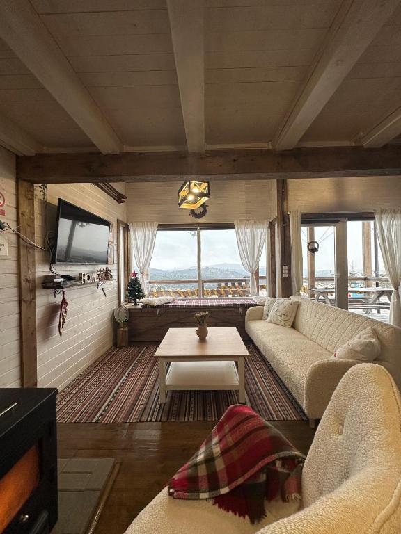 a living room with a couch and a tv at Casuta Schiorului Apuseni, Marisel Cluj in Mărişel