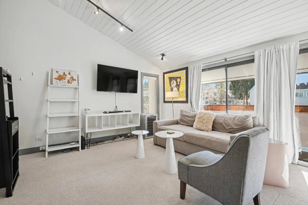 a living room with a couch and a tv at Gavilon Aspen Studio in Aspen