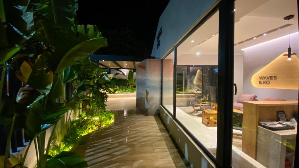 ein Zimmer mit Pflanzen an der Seite eines Gebäudes in der Unterkunft Waves & Ko in San Andrés