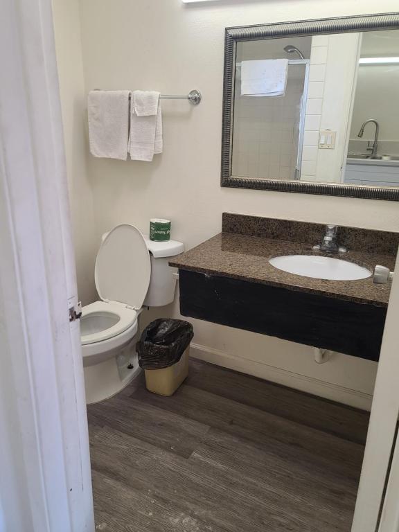 a bathroom with a toilet and a sink and a mirror at Relax Inn And Suites in El Cajon