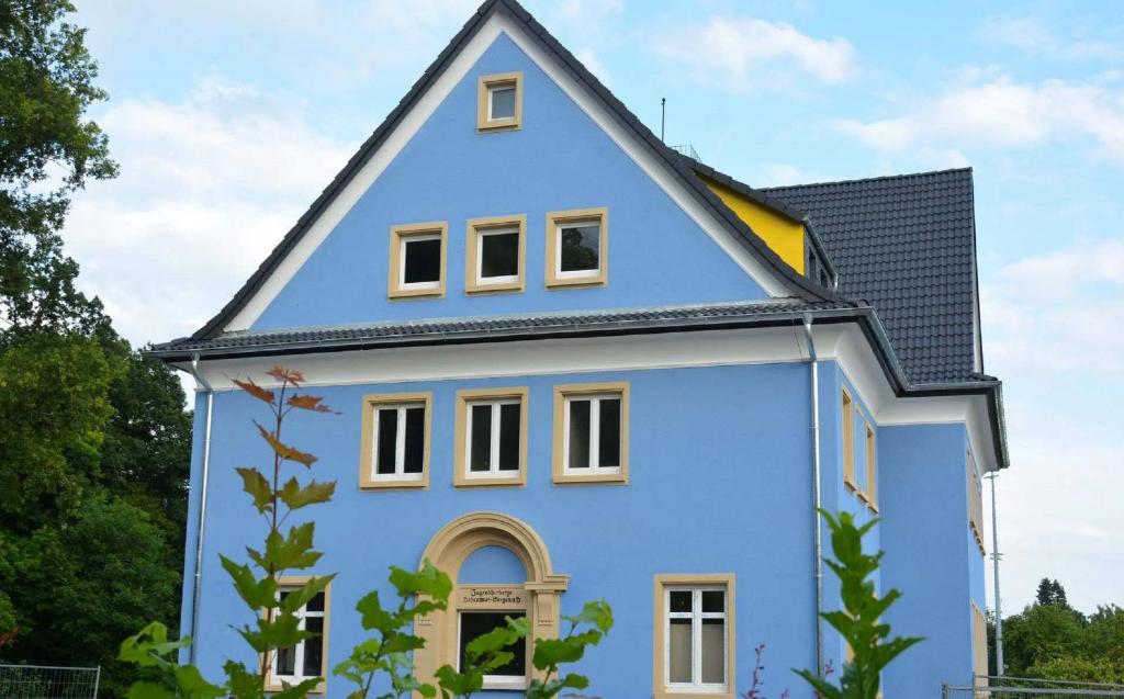 a blue house with a gambrel roof at Hostel Art &amp; Style in Singen