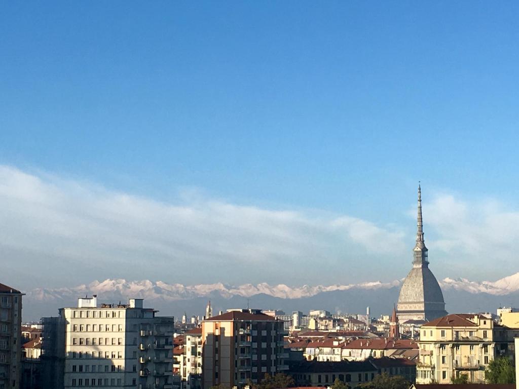 uma vista para uma cidade com montanhas ao fundo em La Coccinella Turin apartment em Turim