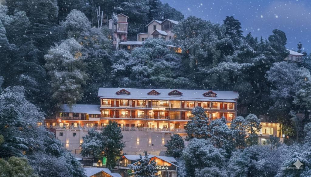 a hotel in the middle of a mountain at night at Pax Hotel Spring Solance 200 mtr from Gandhi Chowk Khajjiyar Road in Dalhousie