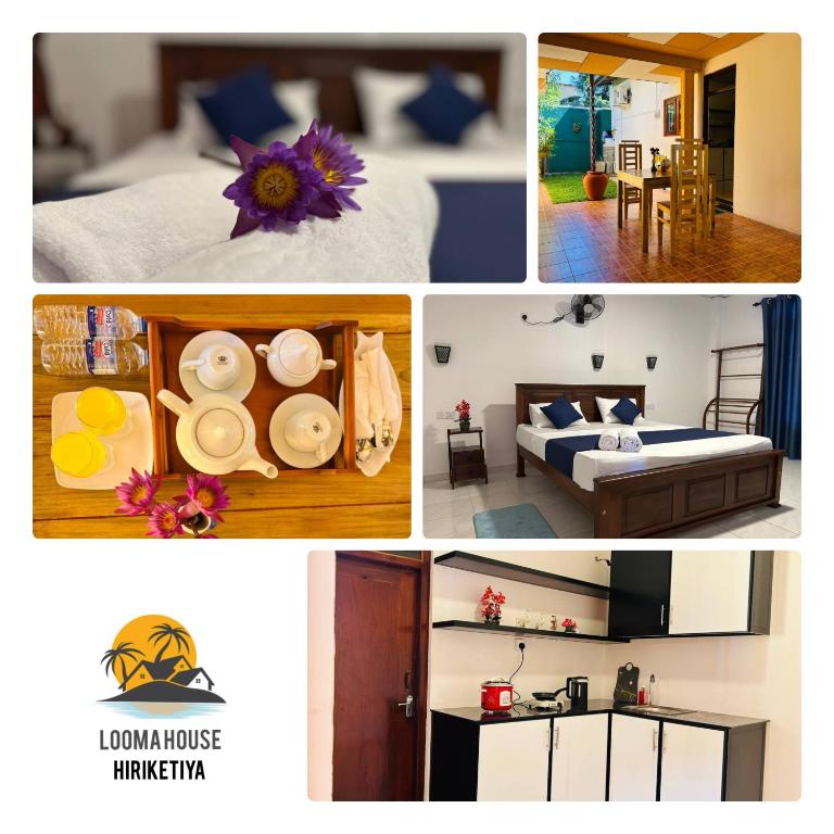 a collage of photos of a bedroom and a hotel room at Looma House Hiriketiya in Dickwella