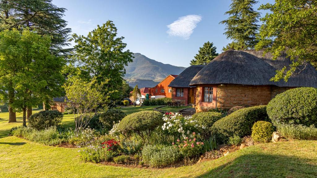 a house with a thatched roof with a garden at Ramabanta Trading Post in Setleketseng