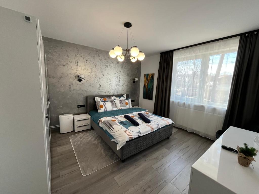 a bedroom with a bed and a large window at Ideal House Rent in Petroşani