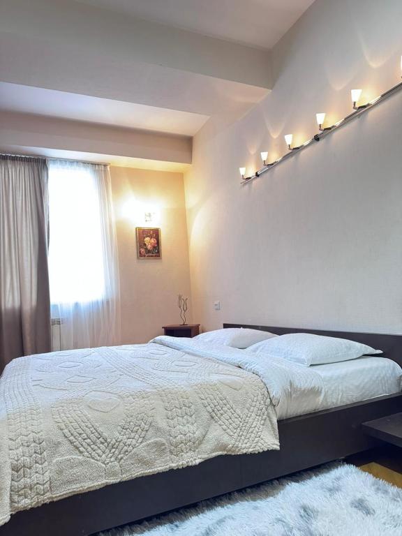a bedroom with a large bed and a window at Vintage Veranda Apartment in Itʼkhvisi