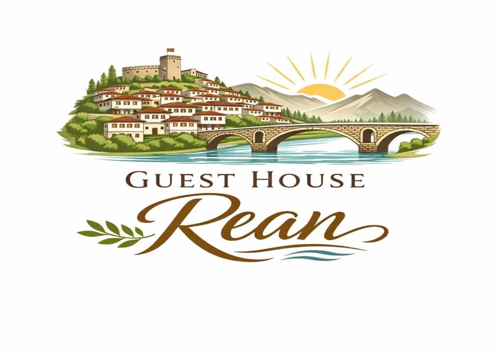 a crest house real estate logo with a bridge and mountains at Guest House Rean in Berat