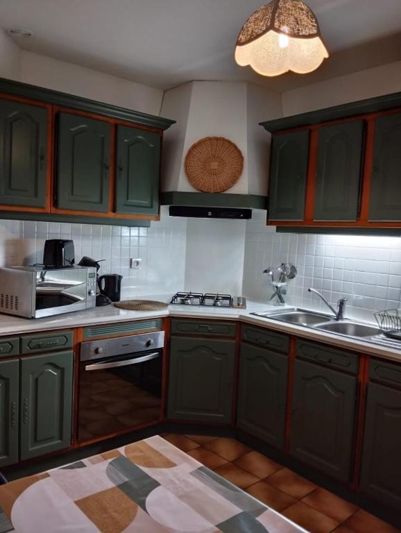 a kitchen with green cabinets and a sink at Gîte de St Jean in Verdalle