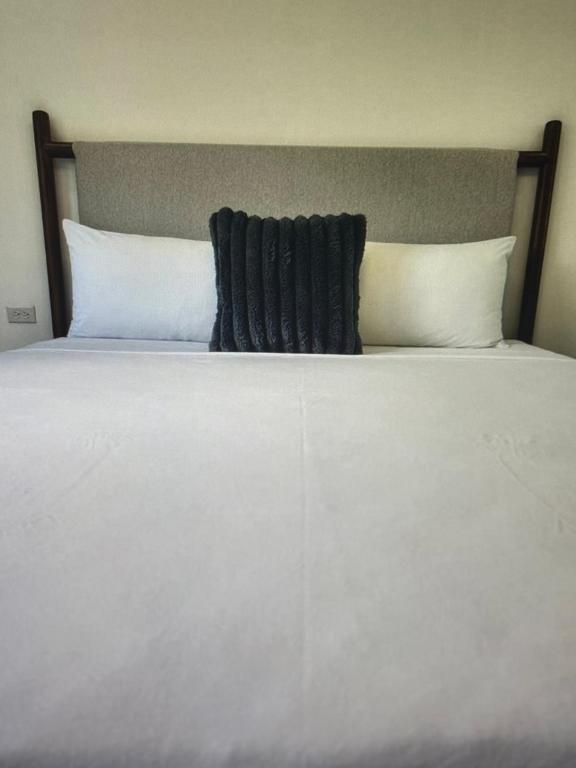 a large white bed with two pillows on it at Tropical Tobago in Riseland