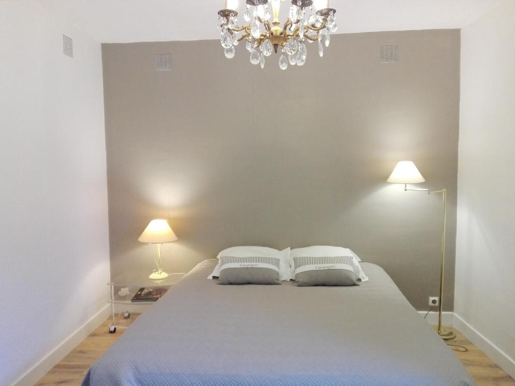 a bedroom with a bed with two pillows and a chandelier at Relais De La Haute Pommeraye in Apremont