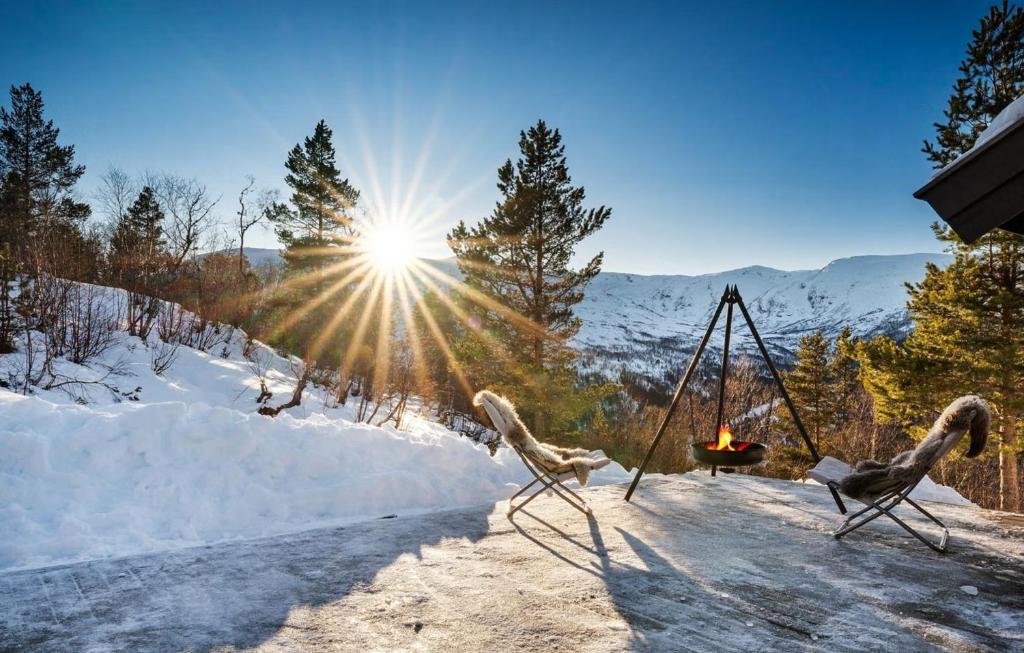 two birds on a swing in the snow at Panoramic View of Voss - Private Cabin & Patio in Vossevangen