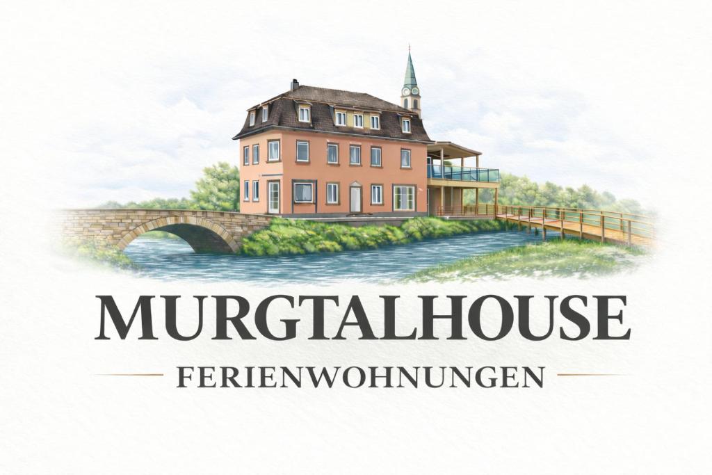 a watercolor painting of a house on a bridge at Murgtalhouse Ferienwohnungen in Murg