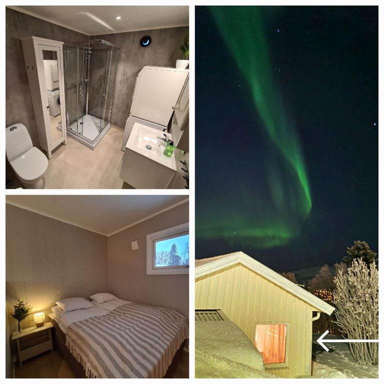 a collage of three pictures of a room with a bed and the aurora at Studio Apartment in Tromsø in Tromsø