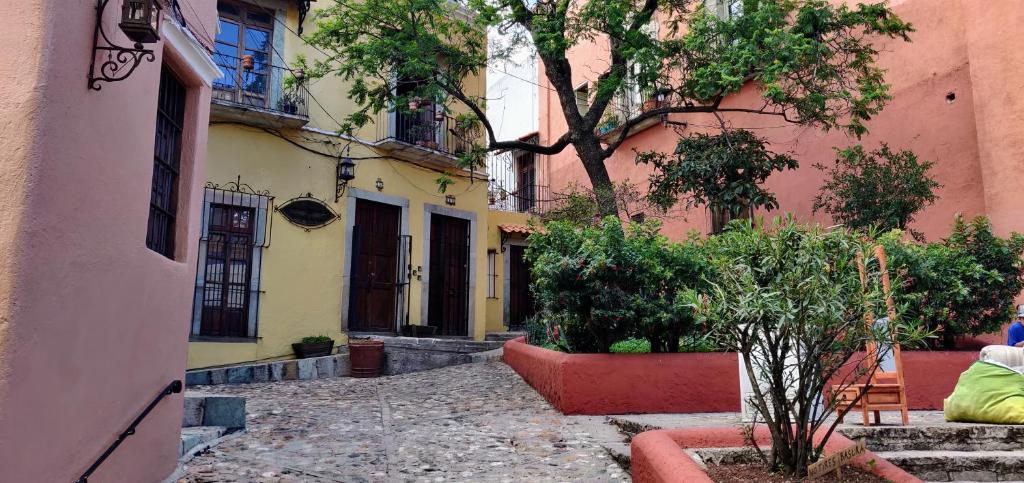 an empty alley with a building and a tree at Maison avec balcon - centre historique in Guanajuato