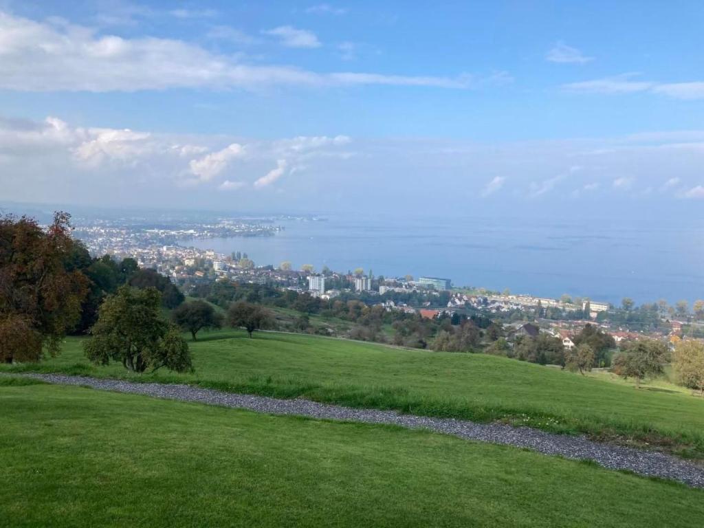 a green field with a city in the distance at Apartment Seehof by Interhome in Rorschacherberg