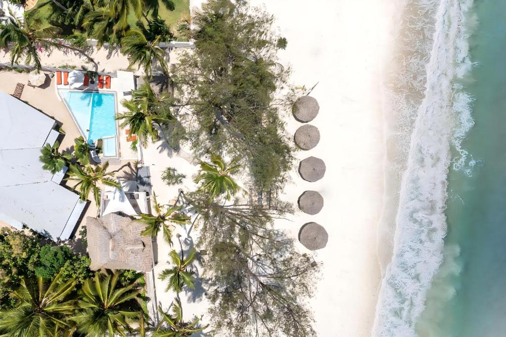 an overhead view of the beach and the ocean at Seashore Beach hotel and Bungalow in Kumba Urembo