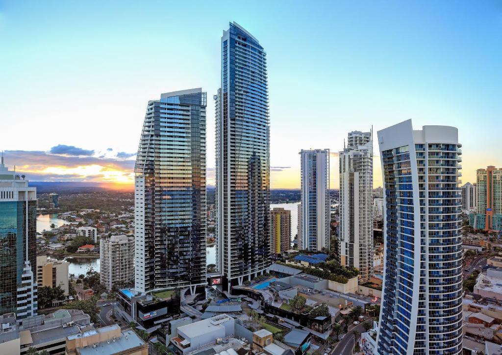 an aerial view of a city with tall buildings at Circle on Cavill Apartments - Hosted by WowStay in Gold Coast