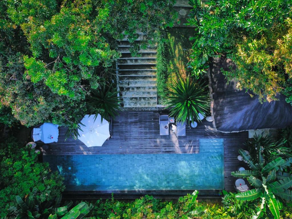 Draufsicht auf ein Schwimmbad mit Treppe und Bäumen in der Unterkunft palay in Cabulihan