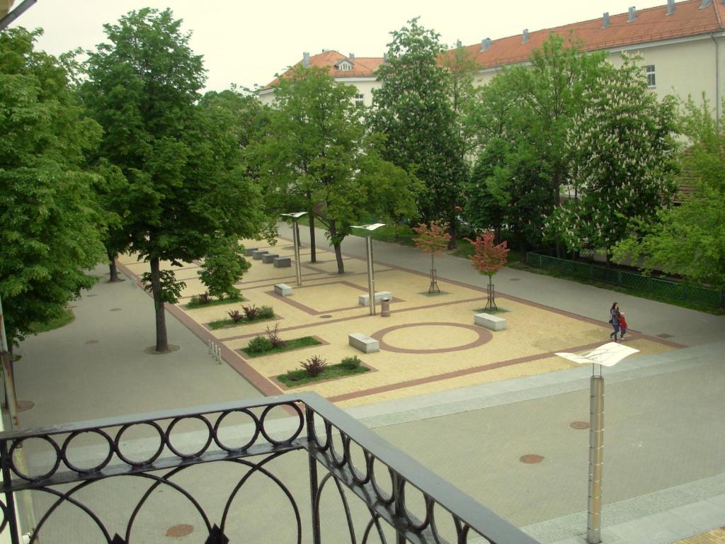 una persona parada en un balcón con vistas a un parque en M. Mažvydo al. butas, en Klaipėda