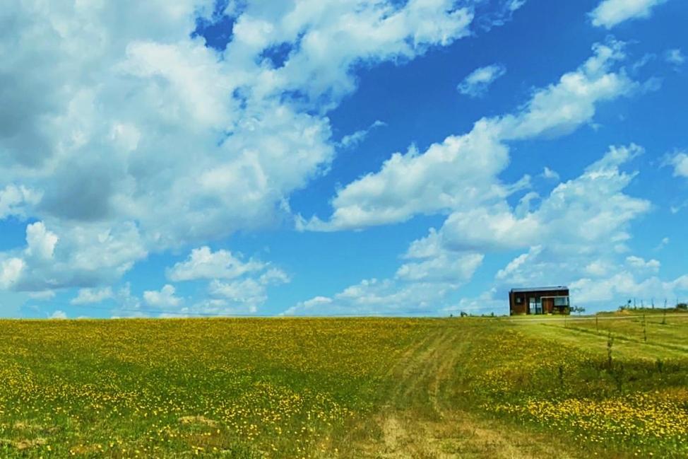 a field with a house in the middle of it at The tiny homes at The Original Farm in Yass