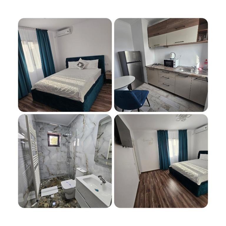 a collage of four pictures of a bedroom and a bathroom at Luxury LCF in Brăila