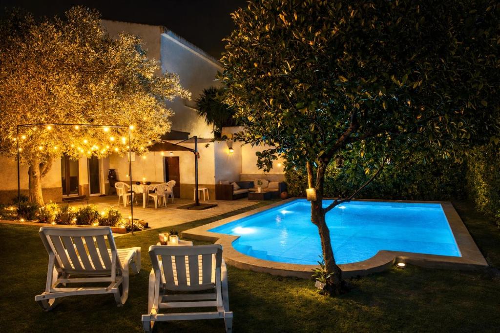 a backyard with a pool and two chairs and a tree at Casa Silva Diamond in Pinhal Novo