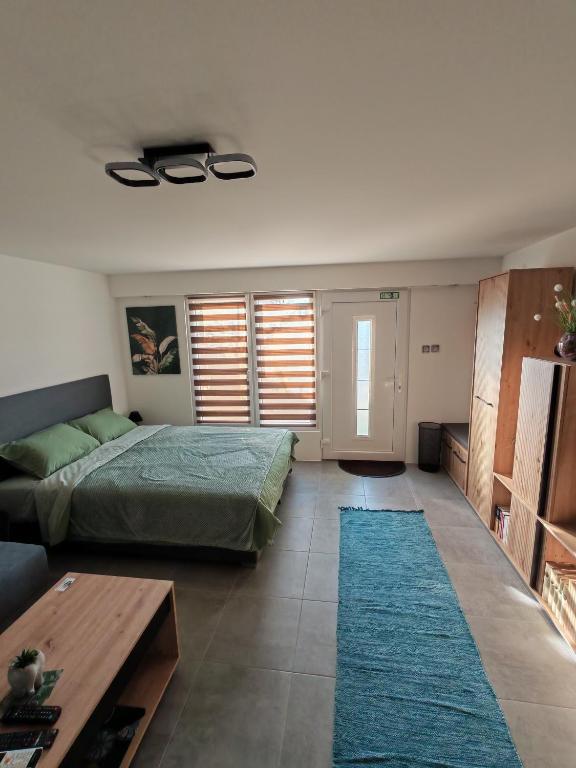 a bedroom with a bed and a couch and a table at Ella1 in Sremska Kamenica