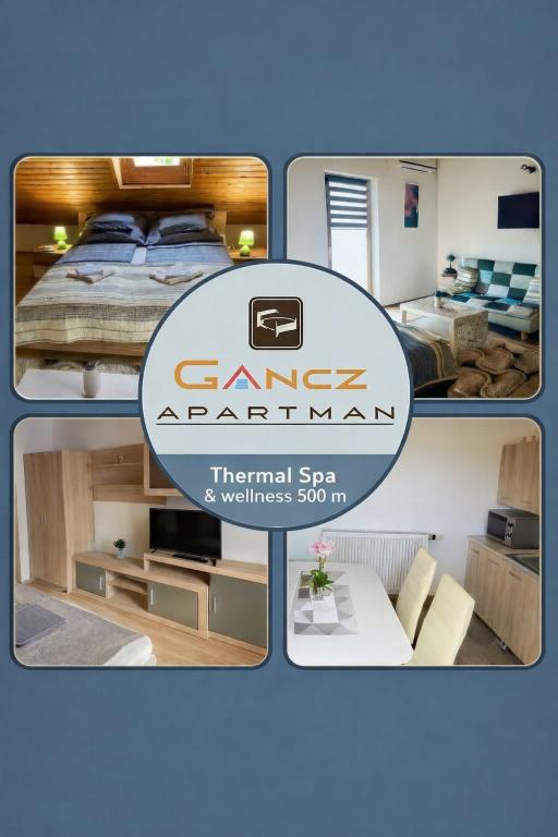 a collage of four pictures of a bedroom at GANCZ APARTMAN in Sárvár
