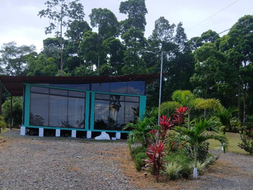 a building with a window in a garden at Tropical Crystal House in Guápiles