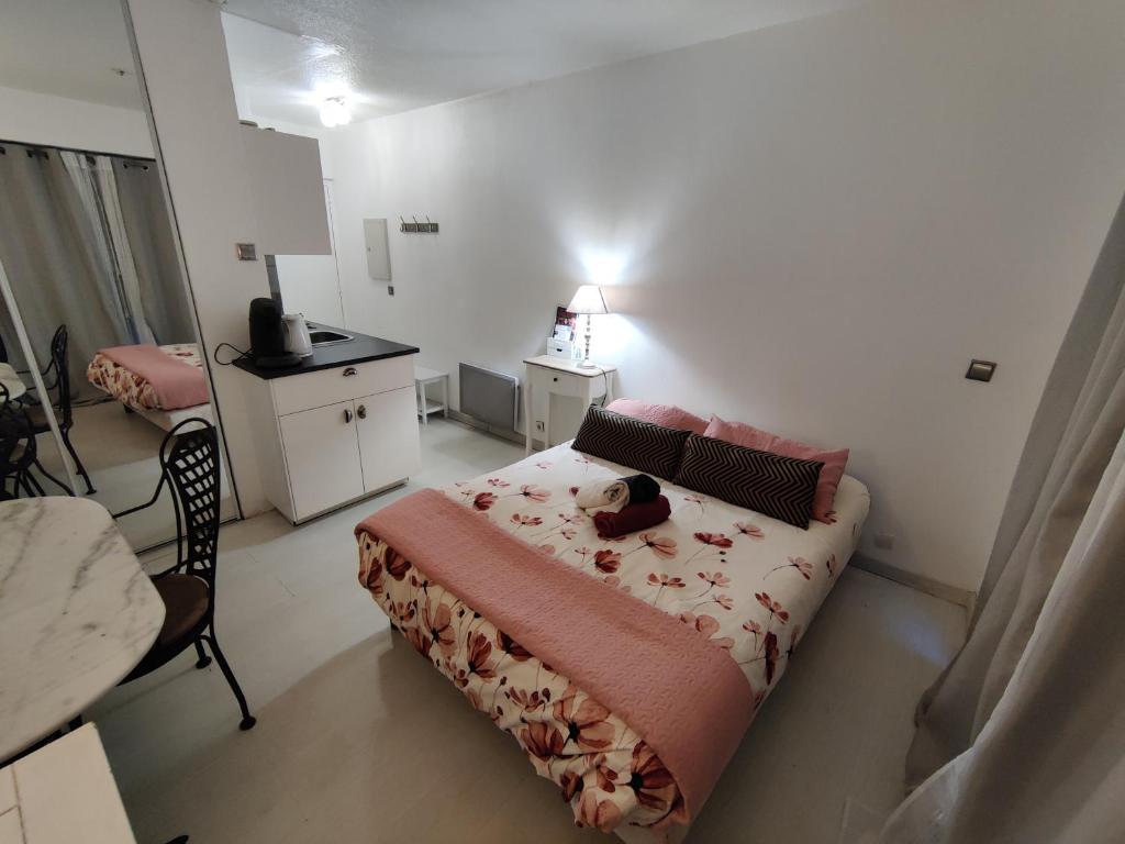 a small bedroom with a bed with a pink blanket at Studio idéal cure ou séjour escapade in Balaruc-les-Bains