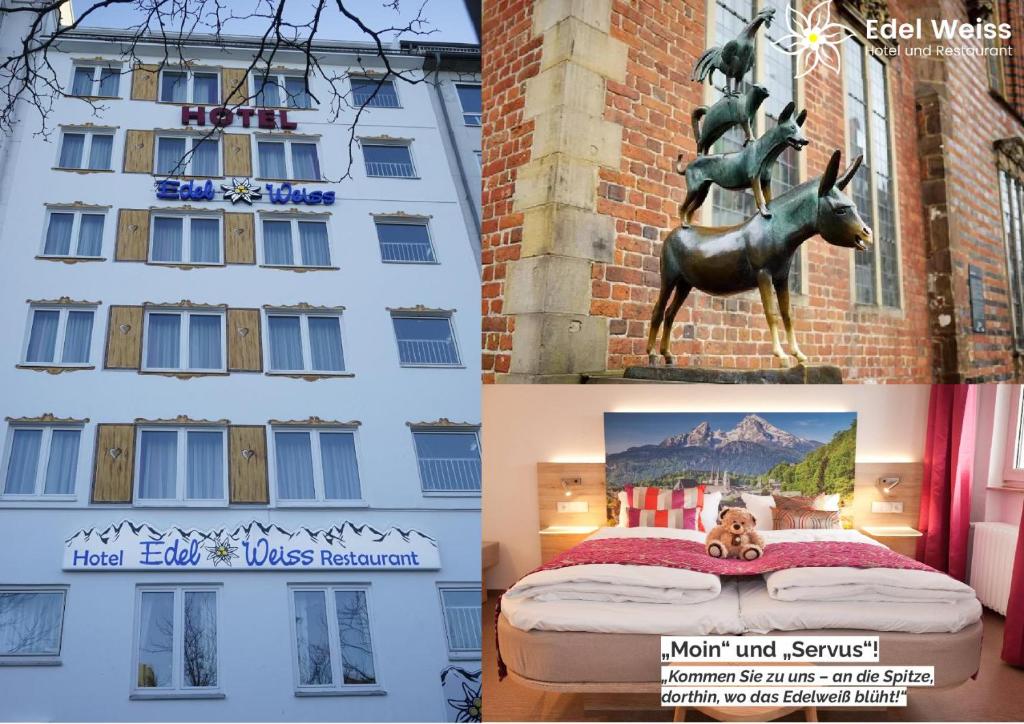 eine Fotocollage eines Hotels und einer Hirschstatue in der Unterkunft Hotel Edel Weiss in Bremen