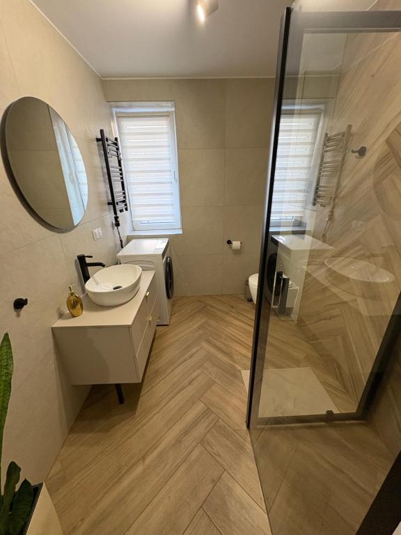a bathroom with a shower and a sink and a mirror at Apartaments Rocha 159 - Blisko Jasnej Góry - free parking in Częstochowa