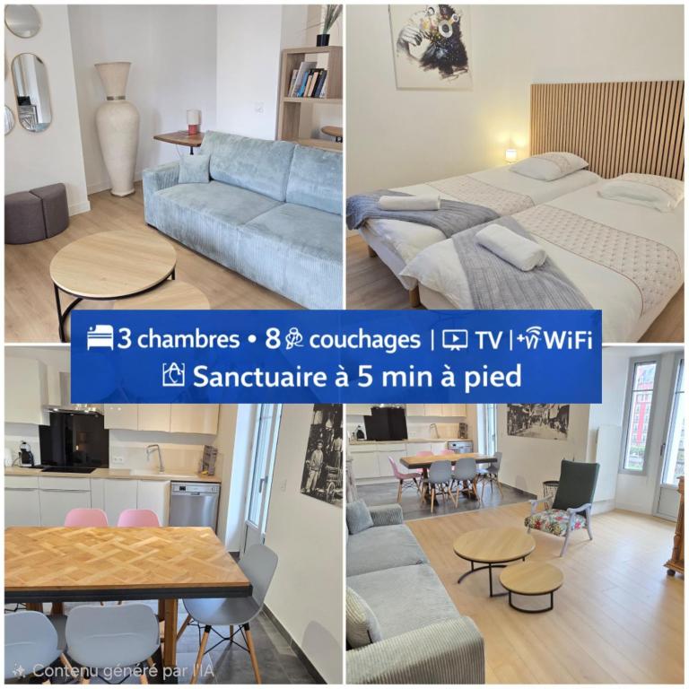 a collage of pictures of a room with a bed and a table at Le Charme du Sanctuaire 8 couchages 400m de la Grotte in Lourdes