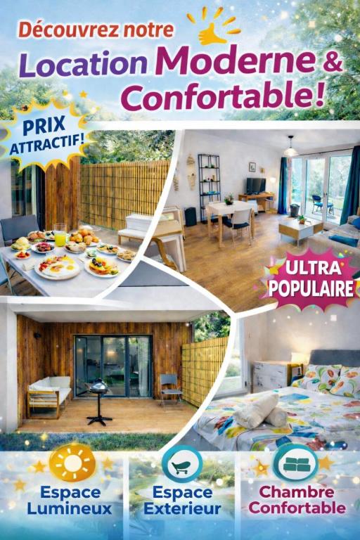 a collage of pictures of a house at Le Cottage Jardin élégant & cosy, plage pour 6 personnes, animaux admis Biscarrosse in Biscarrosse