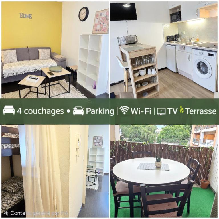 a collage of photos of a living room and a kitchen at Chez Camille Studio cosy, parking gratuit terrasse in Lourdes