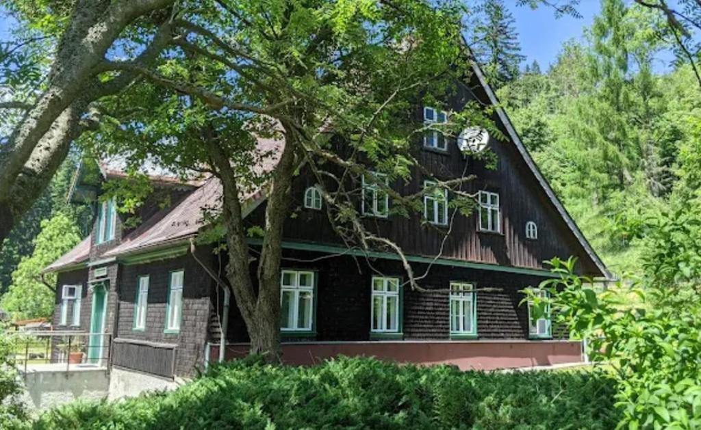 a black house with a gambrel roof at Chalupa U Bertholda in Červená Voda