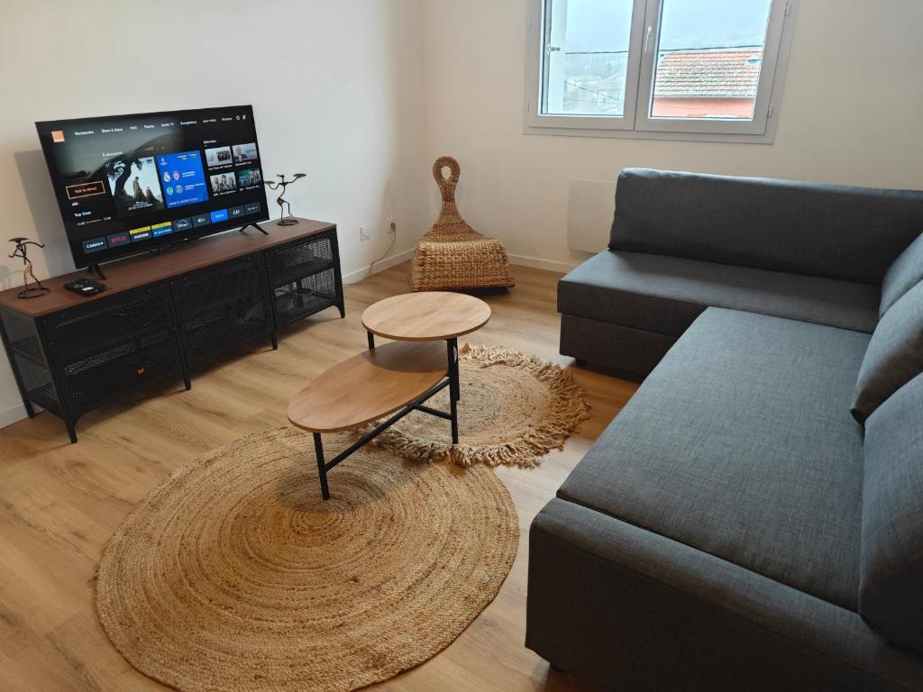 a living room with a couch and a table at La Parenthèse du Châtelet in Saint-Étienne-de-Valoux