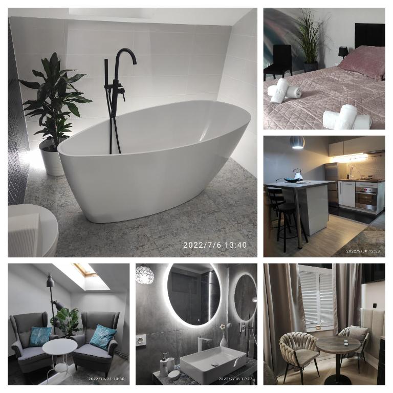 a collage of photos with a bath tub in a room at Harmonica PREMIUM in Nowy Sącz
