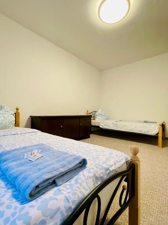 ein Schlafzimmer mit einem Bett, auf dem eine blaue Decke liegt in der Unterkunft Alexa in Eußenheim
