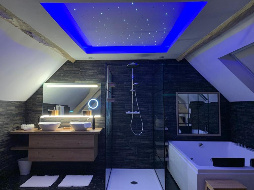 a bathroom with a ceiling with a blue lighting at Cocon de Fontaine in La Madeleine-de-Nonancourt