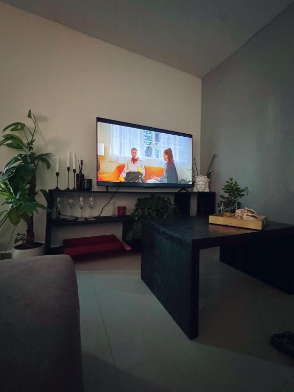a living room with a large flat screen tv at Cómodo departamento in Santa María Coronanco