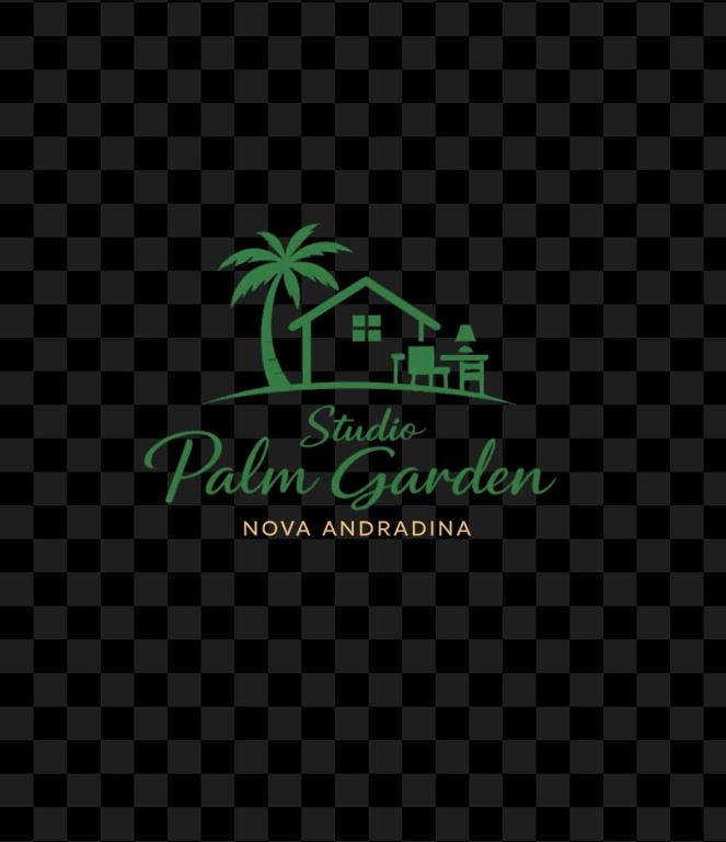 a sign for a palm garden with a palm tree at Studio Palm Garden em Nova Andradina in Nova Andradina