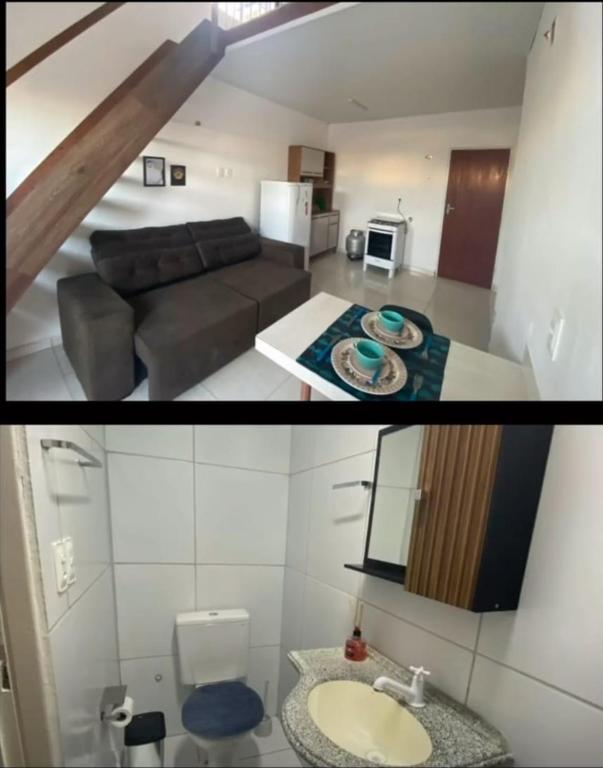a living room with a couch and a sink at ML Integra Mix kitnets in Maceió