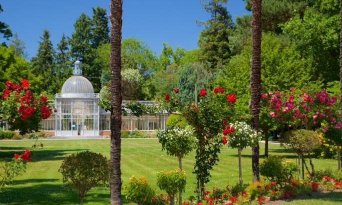 a garden with a building and trees and flowers at Apparemment Nawé in Tarbes